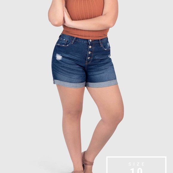 OLGYN Stretch Rolled Hem Dark Blue Denim Shorts - Picture 5 of 5